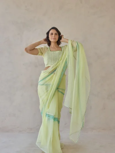 Lime Green Sheer Kota Saree Set