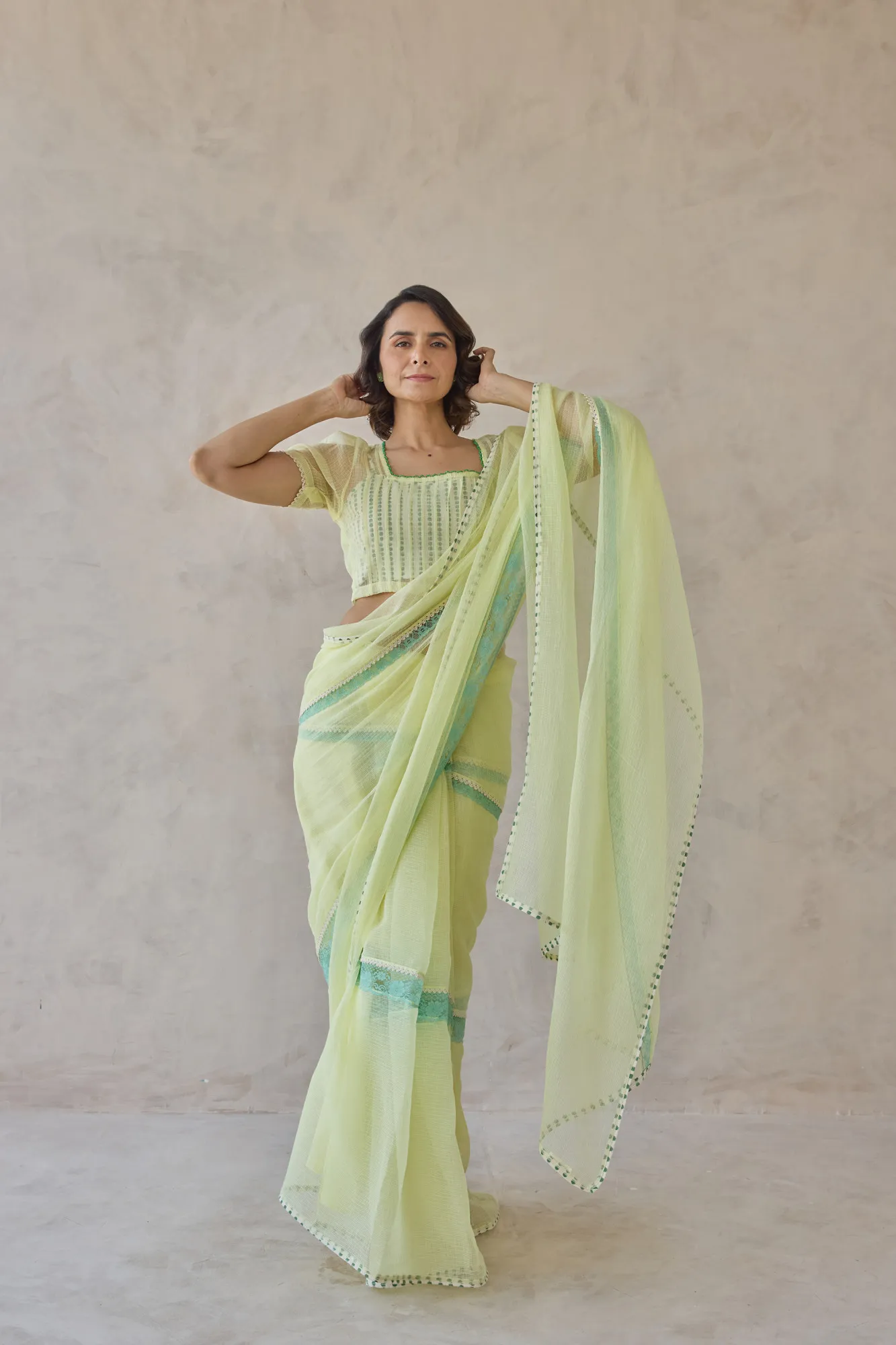 Lime Green Sheer Kota Saree Set