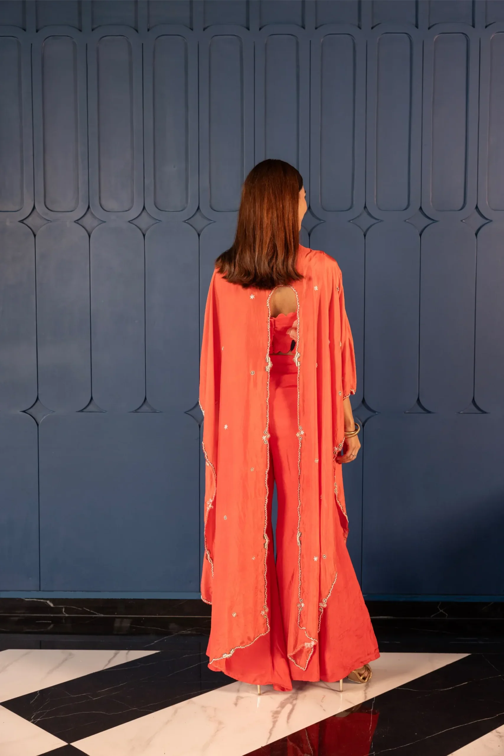 Coral Embellished Co-ord Set with Cape - Image 4