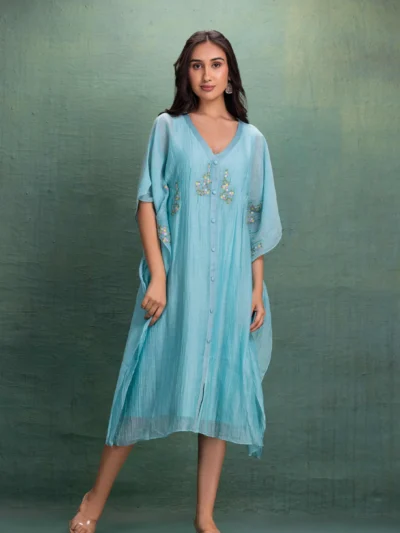Aqua Breeze Embroidered Kaftan Dress