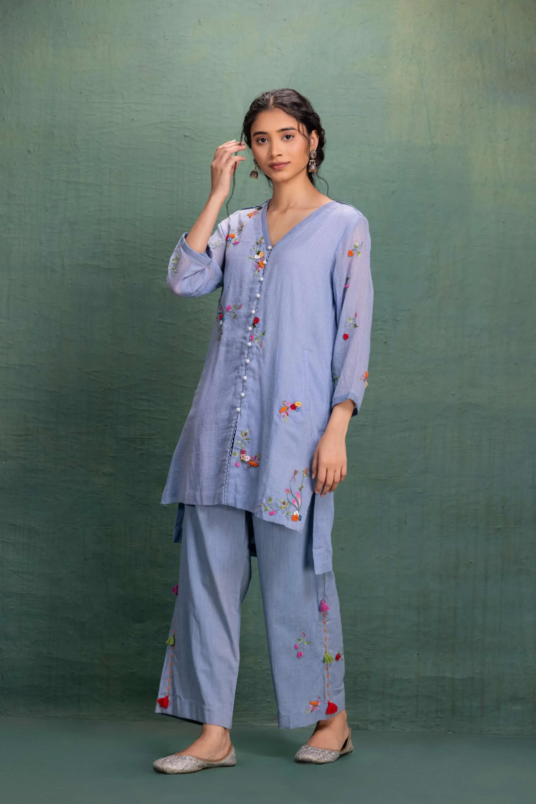 Powder Blue Bloom Embroidered Co-Ord Set - Image 2