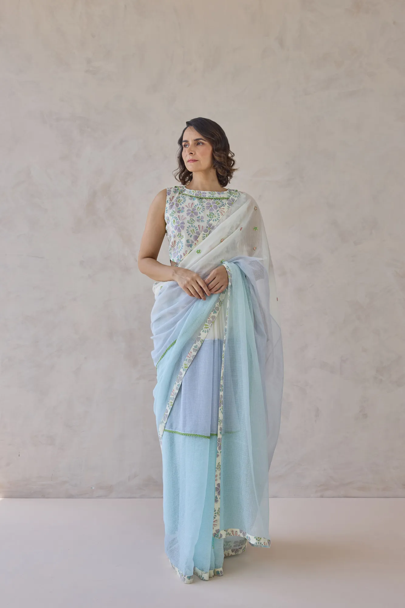 Powder Blue Ombre Saree Set - Image 4