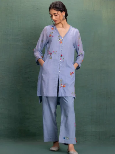 Powder Blue Bloom Embroidered Co-Ord Set