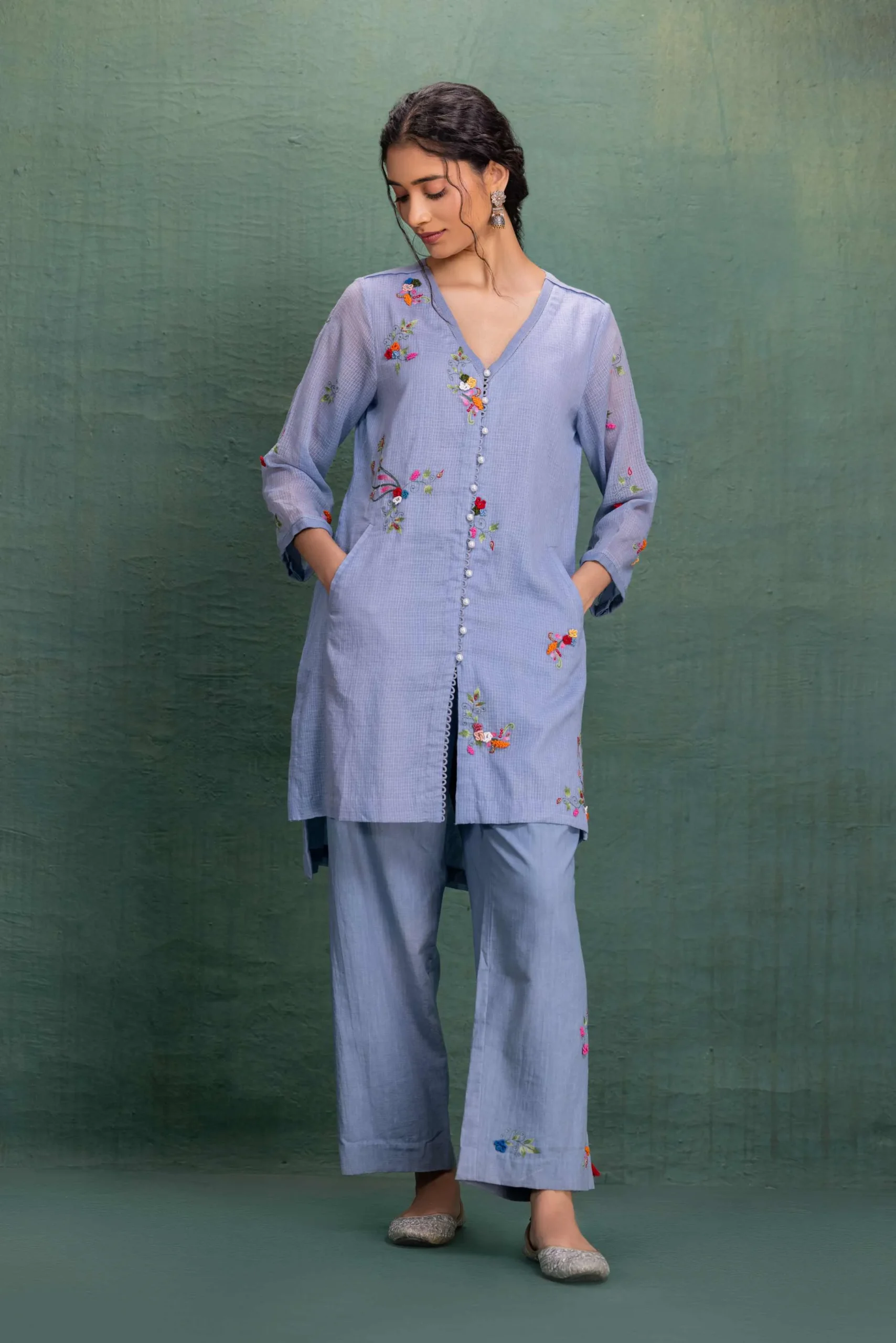 Powder Blue Bloom Embroidered Co-Ord Set