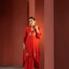 Rich crimson kurta with embroidery.