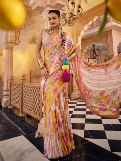 Sunset Bloom Printed Saree with Embellished Blouse