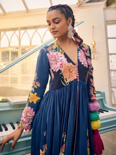 Midnight Bloom Anarkali Set with Tassel Dupatta