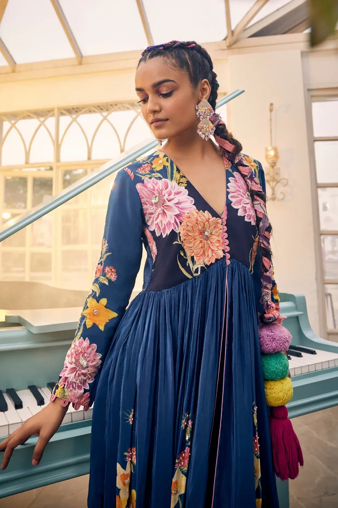 Midnight Bloom Anarkali Set with Tassel Dupatta