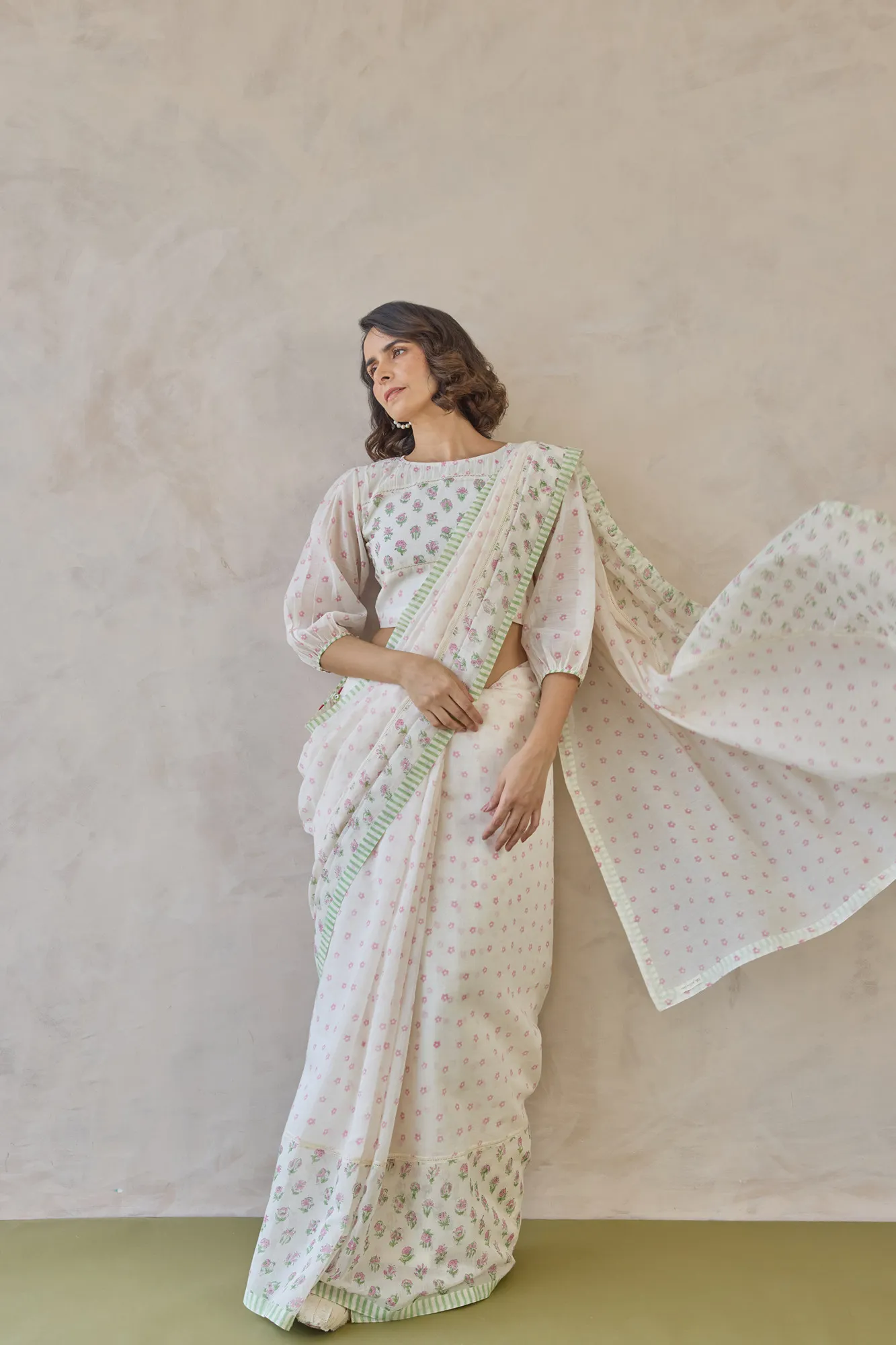 Ivory Blossom Printed Saree Set