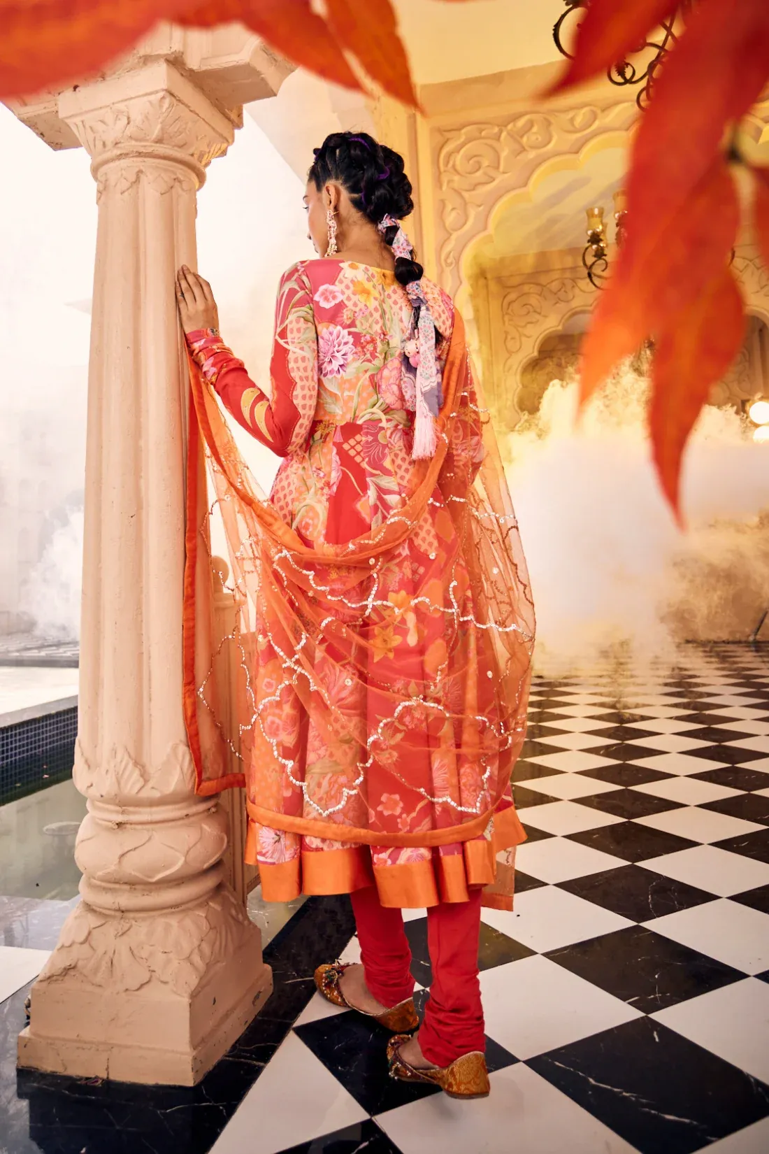 Coral Bloom Anarkali Set with Embellished Dupatta - Image 5