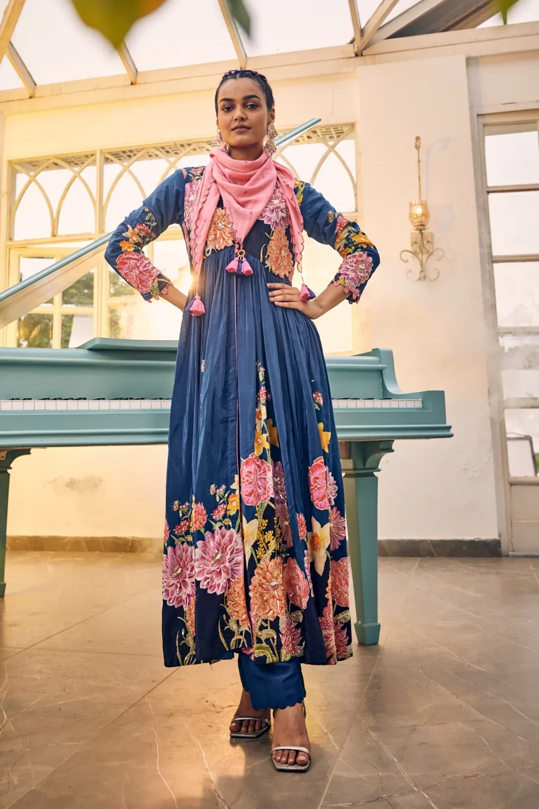 Midnight Bloom Anarkali Set with Tassel Dupatta - Image 3