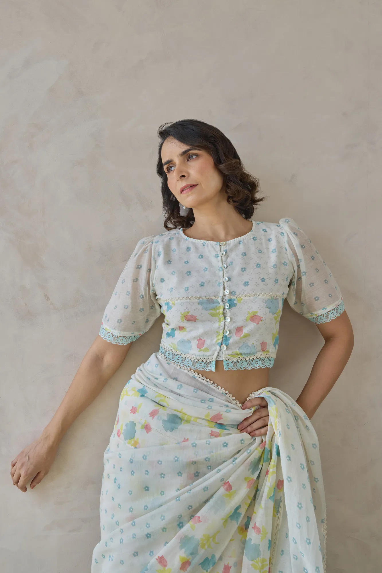 Pastel Floral Printed Blouse with Lace & Button Detailing - Image 2