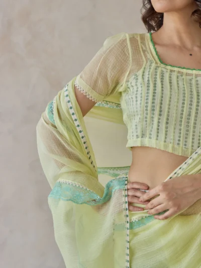 Lime Textured Sheer Blouse with Lace Detailing