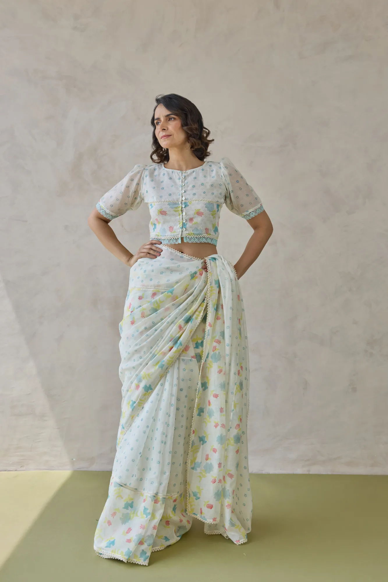 Pastel Floral Printed Blouse with Lace & Button Detailing - Image 4