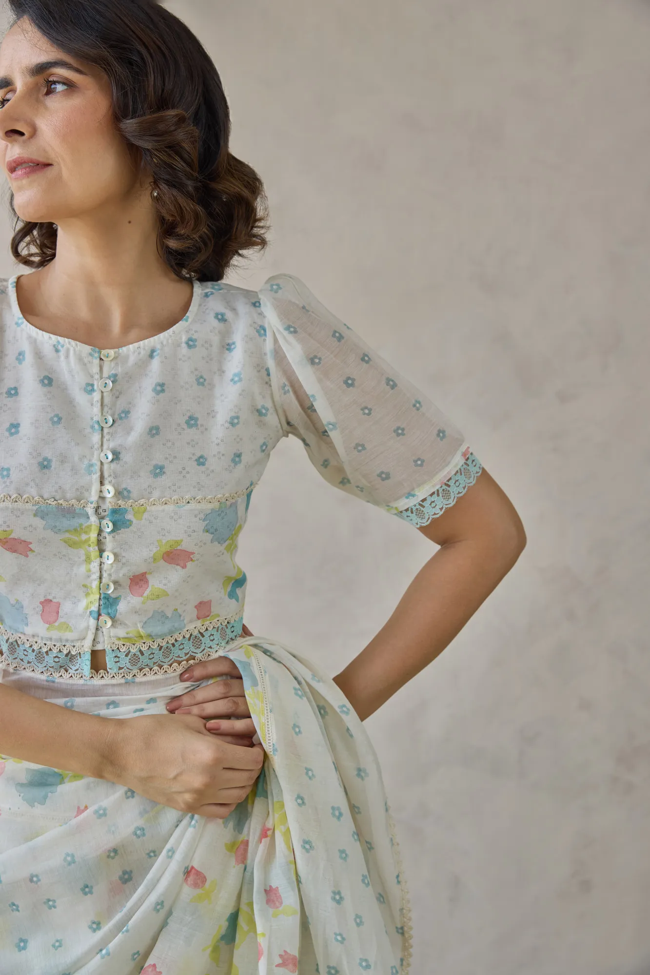 Pastel Floral Printed Blouse with Lace & Button Detailing - Image 3