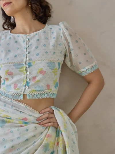 Pastel floral printed blouse with lace and button detailing for festive wear