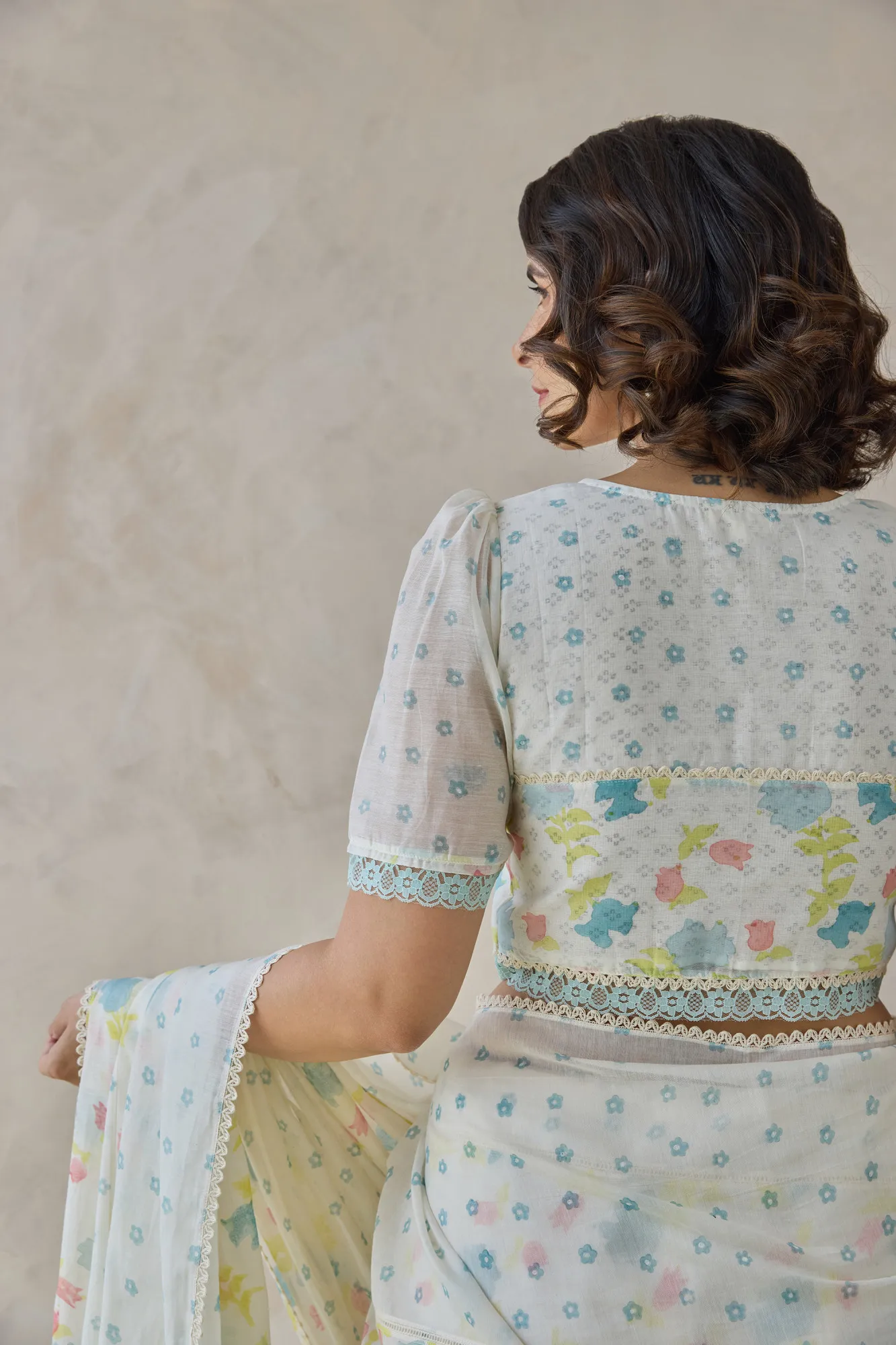 Pastel Floral Printed Blouse with Lace & Button Detailing - Image 6