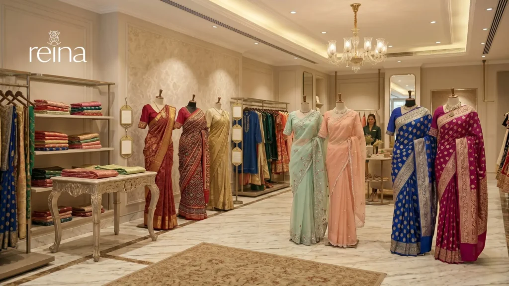 Exclusive designer saree collection featuring silk, organza, and Banarasi sarees in a luxury fashion store.