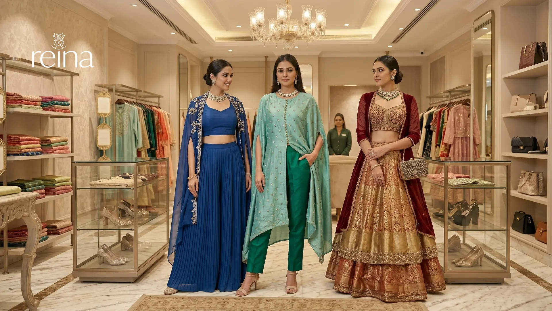 Modern Indo-western and contemporary ethnic fashion collections for women at a designer store.