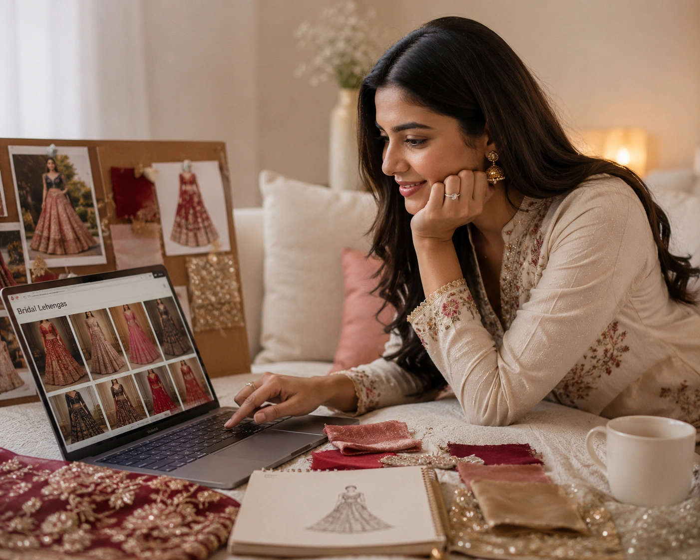 Bride browsing a bridal lehenga online shopping collection at home