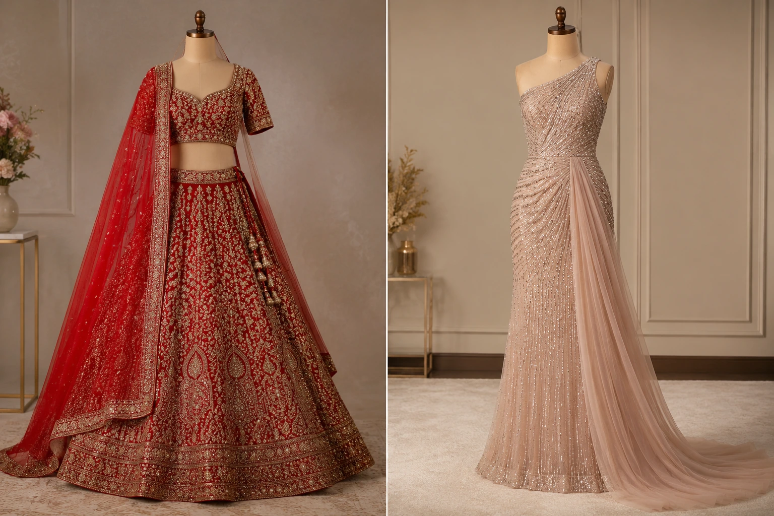 Wedding lehenga and reception dress for bride styled side by side