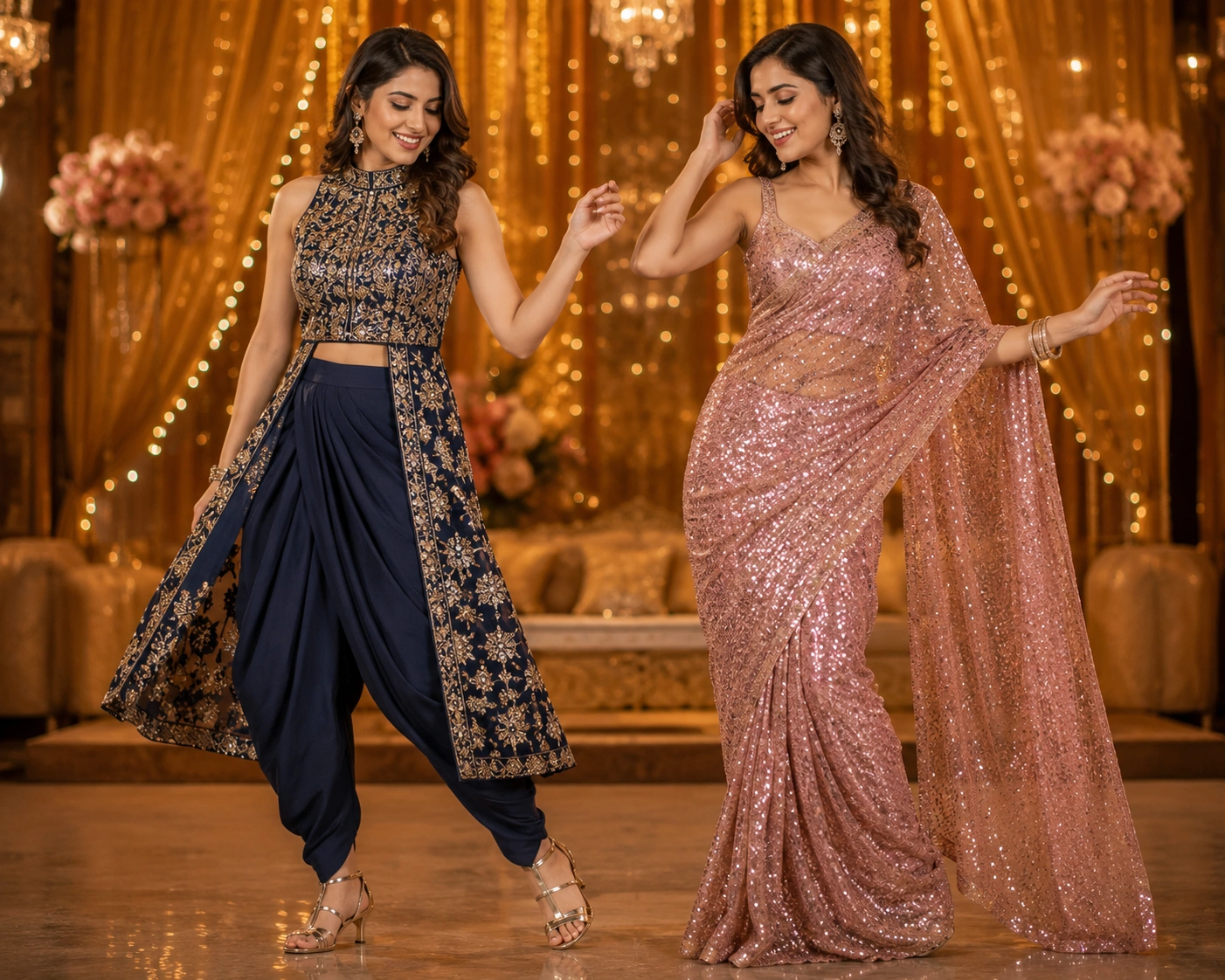 Indo western outfits compared with party wear sarees for sangeet dancing
