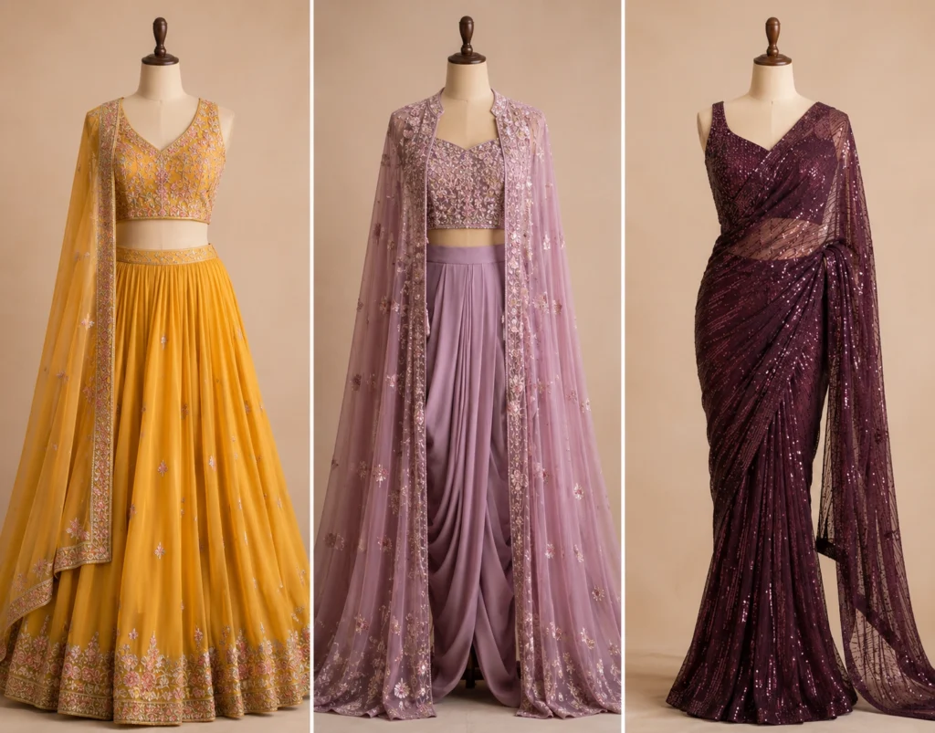 Indo western outfits and party wear sarees styled for a sangeet night