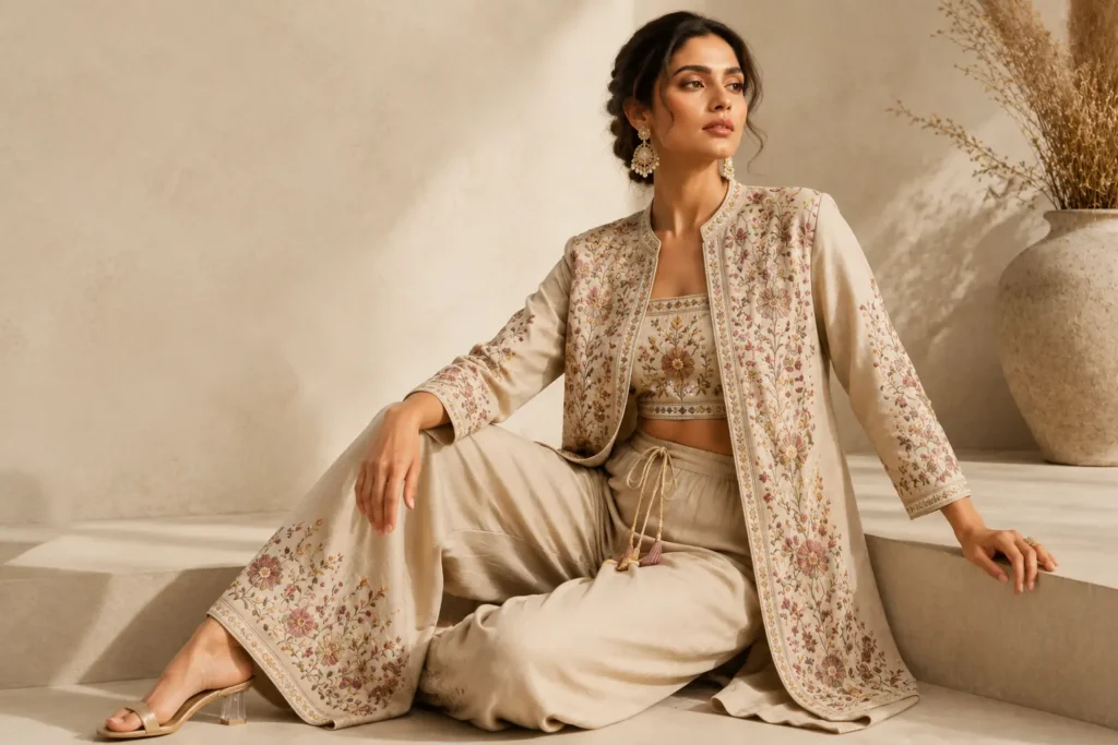 fusion wear for women — embroidered co-ord sets and kurta jacket hybrids at Reina Hyderabad