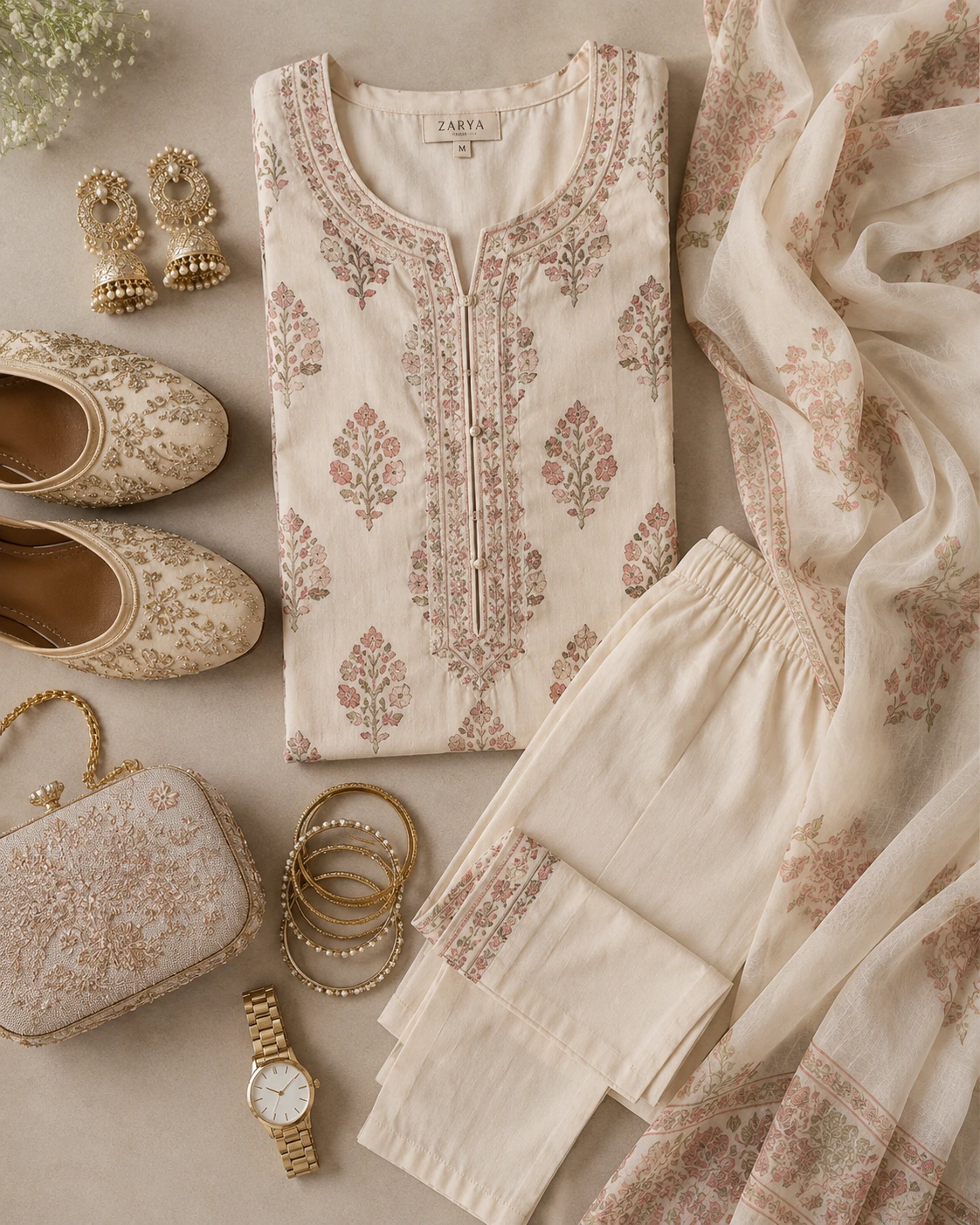Kurta Palazzo Set for Women styled with ethnic accessories.