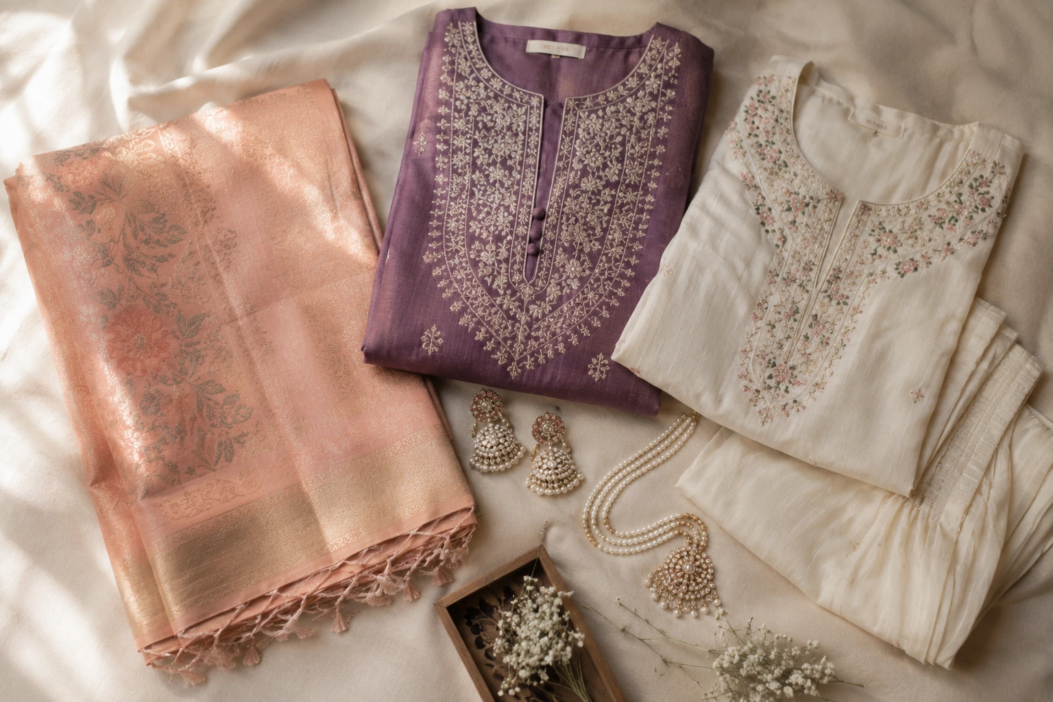 Flat lay of traditional ethnic wear pieces including saree and kurta set