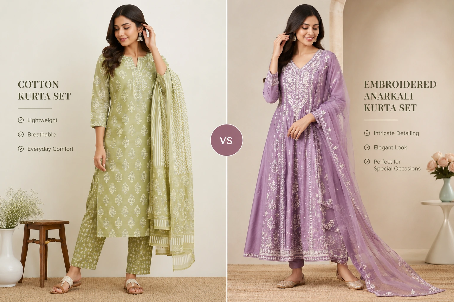 Cotton kurta set and Anarkali kurta set from a women's kurta sets online collection