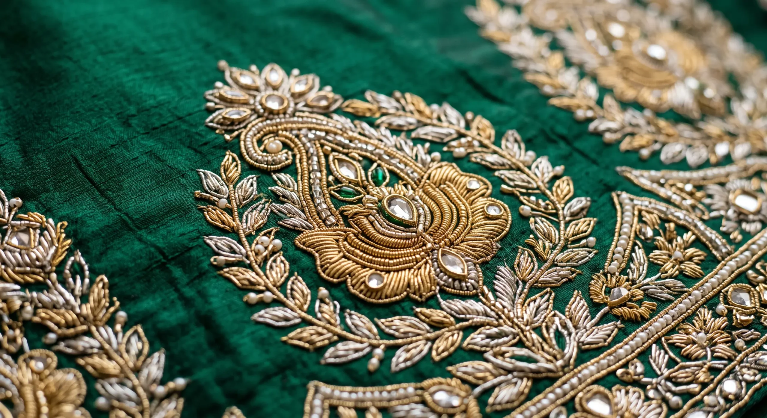 Luxury designer store hand embroidered lehenga fabric detail