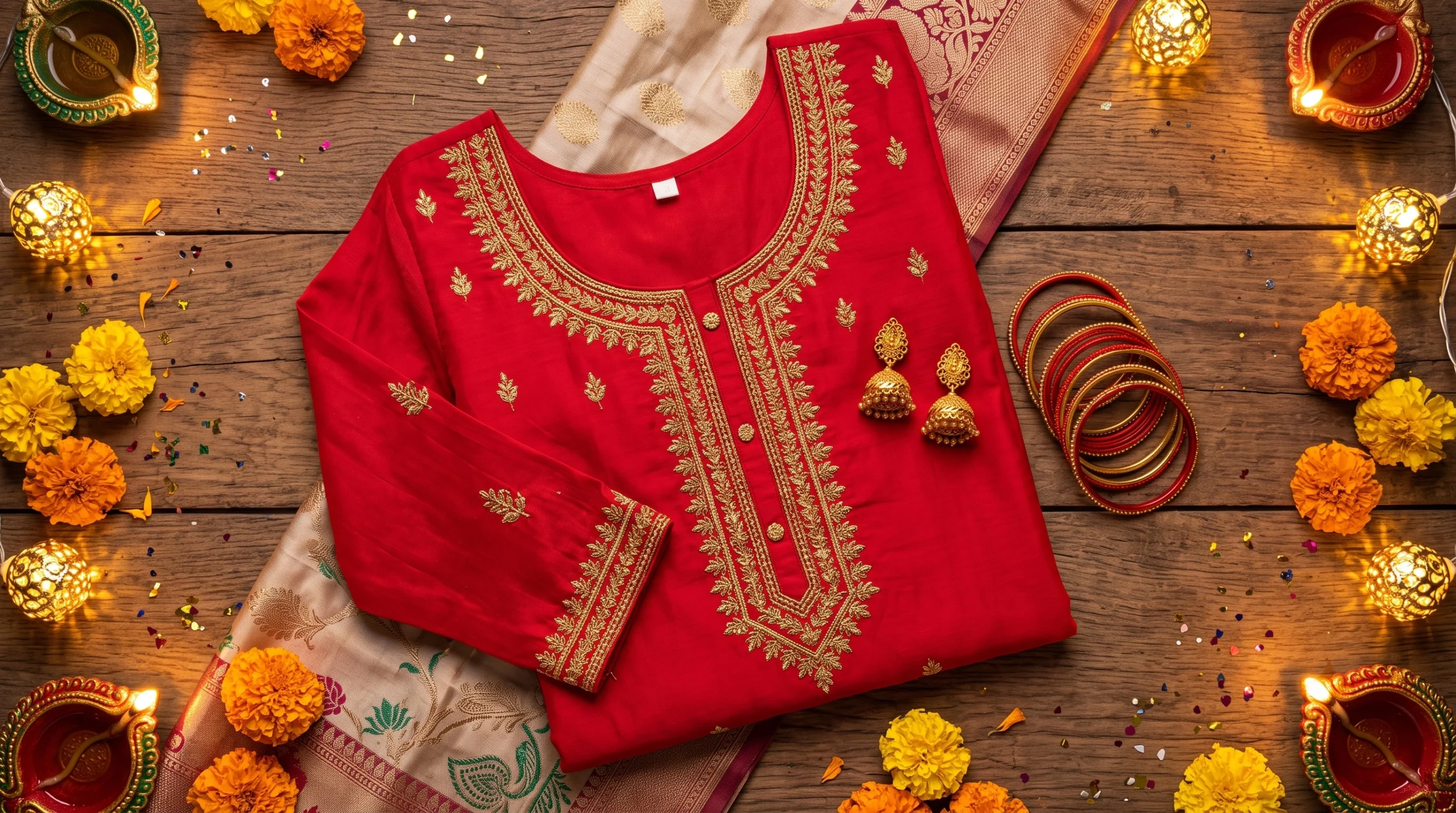 long kurti for women with embroidered neckline flatlay