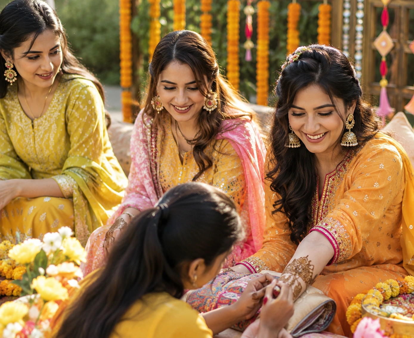 Bright mehndi outfit ideas worn at a daytime mehndi ceremony