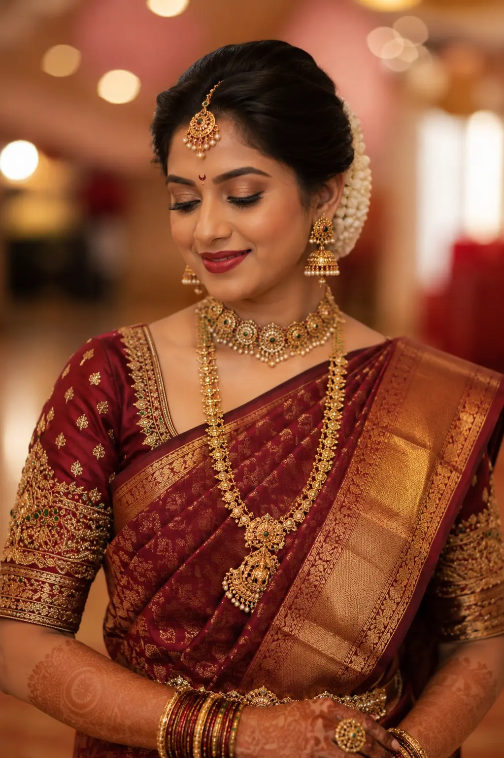 Wedding sarees Hyderabad — maroon Kanjivaram silk bridal saree