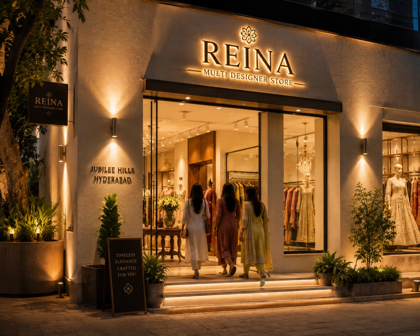 Fashion store near me storefront in Jubilee Hills, Hyderabad at evening