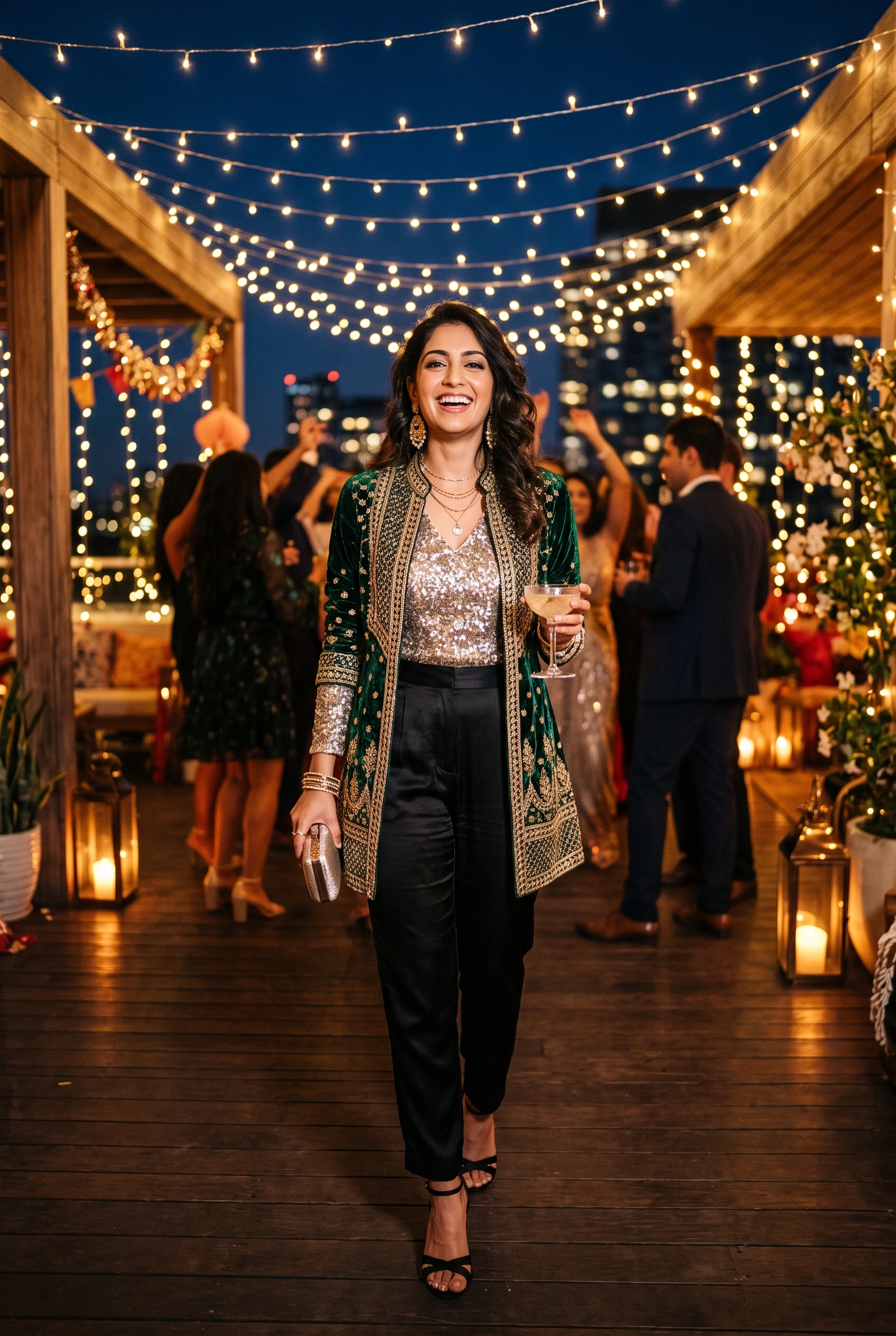 Ethnic wear for women party wear featuring a sequin blouse and jacket